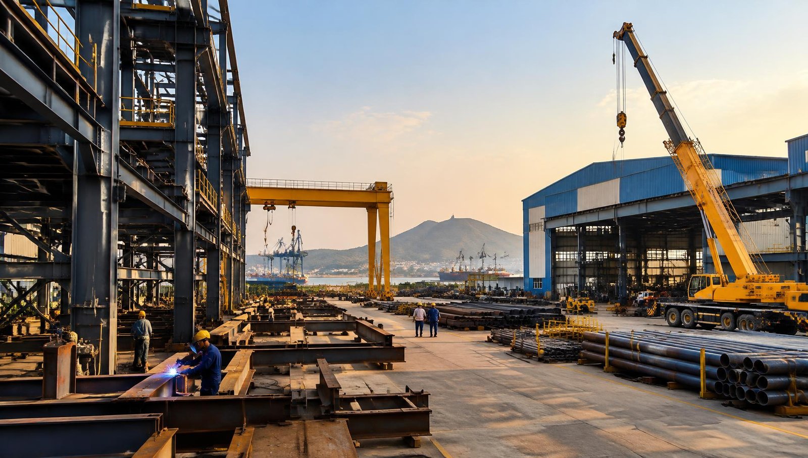 Steel fabrication structures and cranes at an Indian industrial site